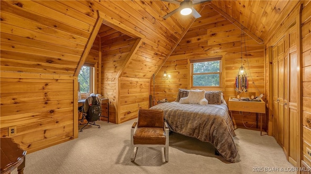 bedroom featuring wooden walls, wood ceiling, multiple windows, and lofted ceiling