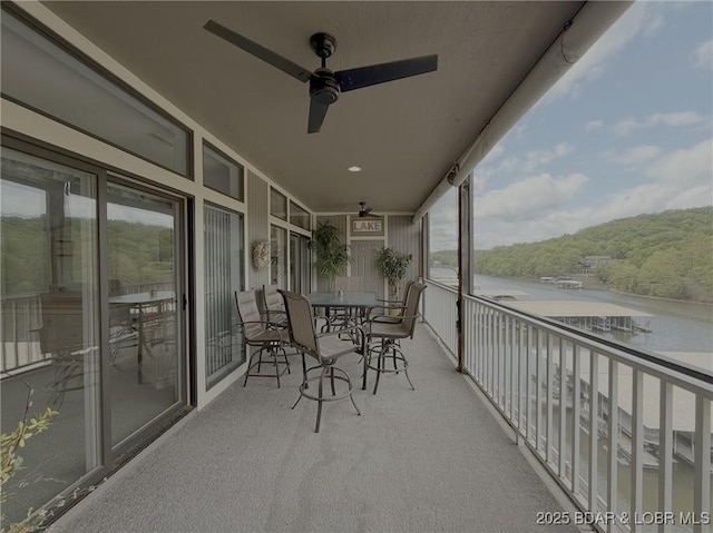 611 Lazy Days Rd Unit R-5, Osage Beach, MO 65065 - balcony with a water view, ceiling fan, and a forest view