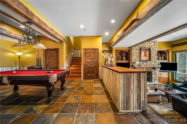 32 Wild Pines Ct, Sunrise Beach, MO 65079 - game room with stone tile flooring, billiards, beamed ceiling, a stone fireplace, and recessed lighting