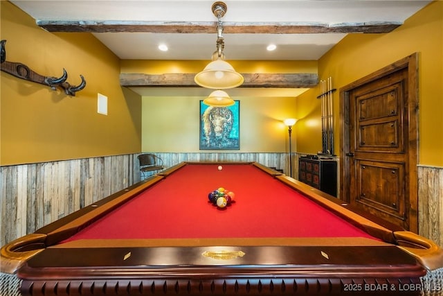 32 Wild Pines Ct, Sunrise Beach, MO 65079 - recreation room featuring wainscoting, pool table, and beam ceiling