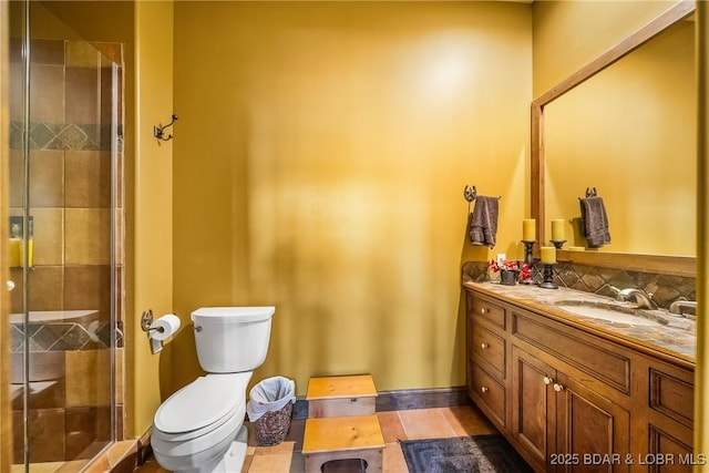 32 Wild Pines Ct, Sunrise Beach, MO 65079 - full bath with a shower stall, toilet, vanity, and decorative backsplash