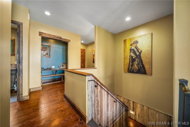 32 Wild Pines Ct, Sunrise Beach, MO 65079 - corridor with an upstairs landing, dark wood-style floors, recessed lighting, and baseboards