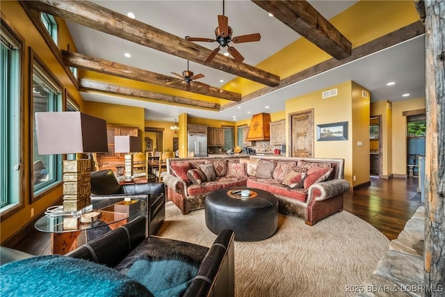 32 Wild Pines Ct, Sunrise Beach, MO 65079 - living room featuring dark wood finished floors, recessed lighting, beam ceiling, ceiling fan, and baseboards