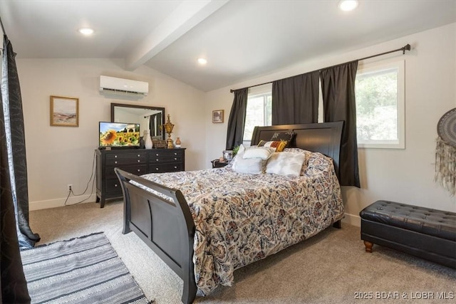 bedroom featuring a wall mounted air conditioner, baseboards, lofted ceiling with beams, light carpet, and recessed lighting