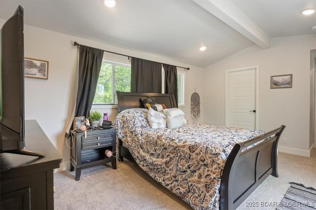 bedroom with recessed lighting, baseboards, light carpet, and vaulted ceiling with beams