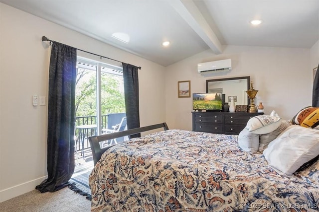 carpeted bedroom featuring access to outside, lofted ceiling with beams, an AC wall unit, recessed lighting, and baseboards