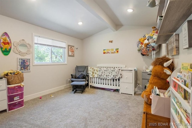 carpeted bedroom with recessed lighting, baseboards, lofted ceiling with beams, and a nursery area