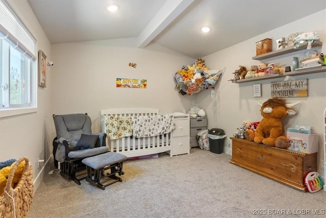 bedroom featuring baseboards, vaulted ceiling with beams, carpet flooring, and recessed lighting