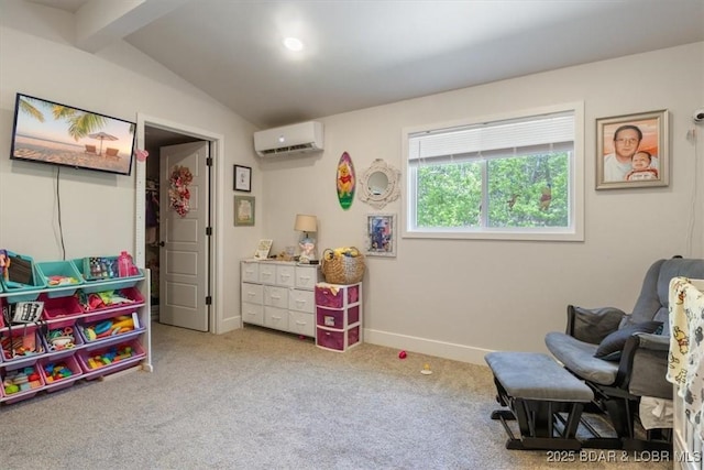 playroom with vaulted ceiling, baseboards, carpet flooring, and a wall mounted air conditioner