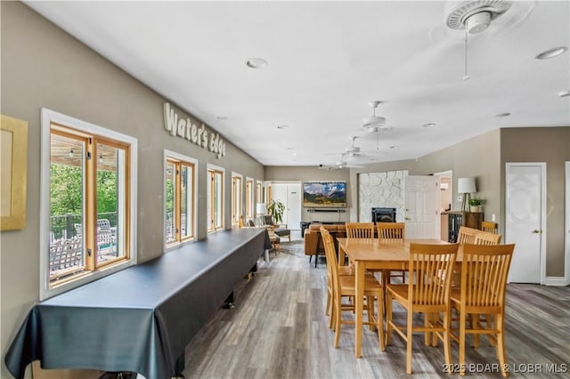 dining space featuring a large fireplace, ceiling fan, recessed lighting, and wood finished floors