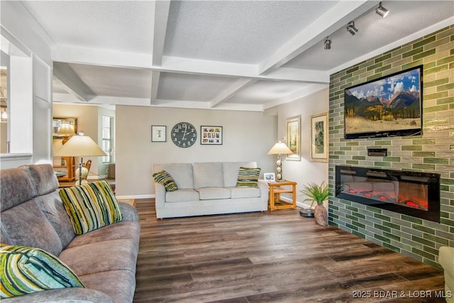 living area with baseboards, beam ceiling, wood finished floors, and a fireplace