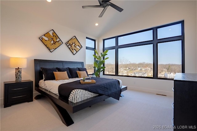 bedroom featuring recessed lighting, baseboards, lofted ceiling, and light carpet