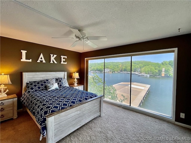 405 Barba Le Ln Unit 3B, Lake Ozark, MO 65049 - bedroom featuring a textured ceiling, access to exterior, carpet, a ceiling fan, and baseboards