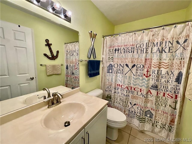 405 Barba Le Ln Unit 3B, Lake Ozark, MO 65049 - bathroom featuring vanity, toilet, a textured ceiling, tile patterned floors, and a shower with curtain