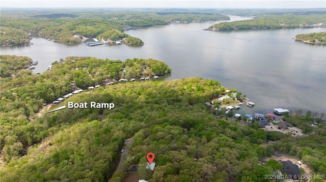 298 Storm Cove Dr, Linn Creek, MO 65052 - drone / aerial view with a water view and a wooded view