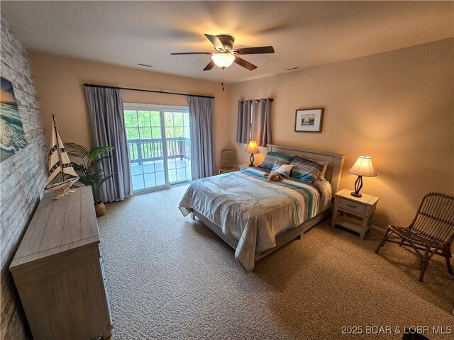 212 Weiskopf Way, Camdenton, MO 65020 - bedroom featuring carpet flooring, access to exterior, and a ceiling fan
