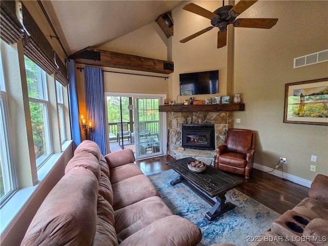 212 Weiskopf Way, Camdenton, MO 65020 - living room featuring wood finished floors, ceiling fan, high vaulted ceiling, a fireplace, and beam ceiling