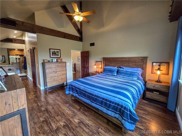 bedroom featuring baseboards, wood finished floors, high vaulted ceiling, and beamed ceiling
