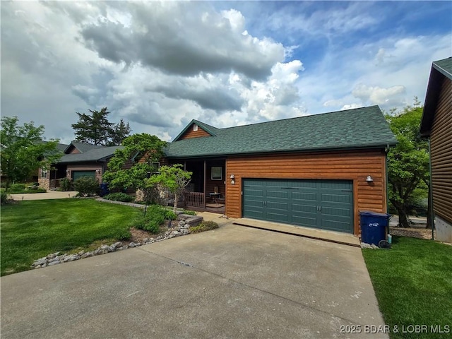 view of front of house with a garage, a front lawn, a shingled roof, concrete driveway, and a porch