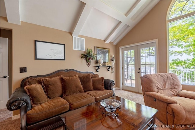 106 Bayliner Dr, Sunrise Beach, MO 65079 - living room with a wealth of natural light, beam ceiling, visible vents, and carpet
