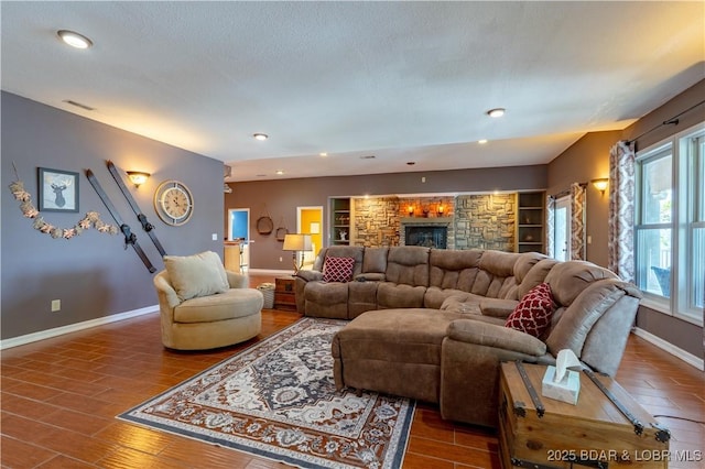 106 Bayliner Dr, Sunrise Beach, MO 65079 - living area featuring wood finished floors, visible vents, recessed lighting, a fireplace, and baseboards