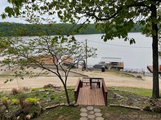 exterior space with a water view