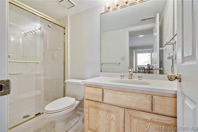 full bath featuring visible vents, a stall shower, toilet, and vanity