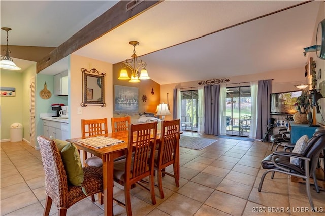 294 Moongate Dr, Osage Beach, MO 65065 - dining space with visible vents, baseboards, vaulted ceiling with beams, a chandelier, and light tile patterned floors