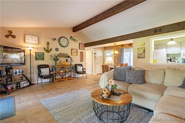 294 Moongate Dr, Osage Beach, MO 65065 - living room featuring a notable chandelier, lofted ceiling with beams, tile patterned flooring, baseboards, and visible vents