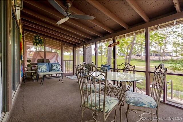 294 Moongate Dr, Osage Beach, MO 65065 - sunroom with plenty of natural light, ceiling fan, and beamed ceiling