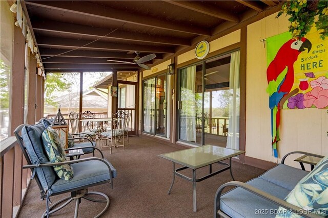 294 Moongate Dr, Osage Beach, MO 65065 - sunroom / solarium featuring ceiling fan and beamed ceiling