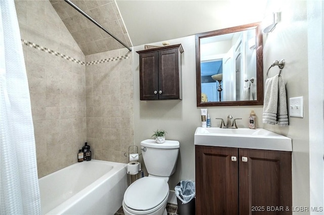 full bathroom with shower / bath combo with shower curtain, lofted ceiling, toilet, and vanity
