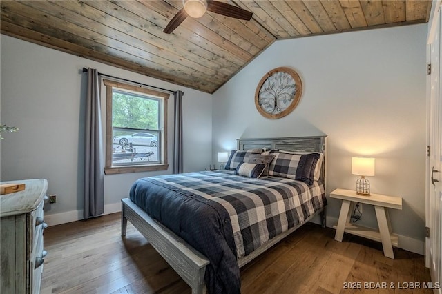 bedroom with ceiling fan, wood-type flooring, baseboards, lofted ceiling, and wood ceiling