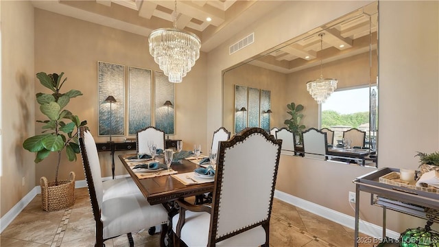 559 Forestridge Ln, Sunrise Beach, MO 65079 - dining area with coffered ceiling, a chandelier, baseboards, beam ceiling, and inlaid floor details