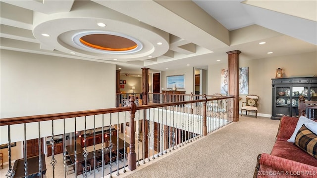 559 Forestridge Ln, Sunrise Beach, MO 65079 - hall featuring decorative columns, recessed lighting, carpet, and baseboards