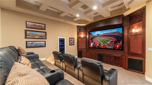 559 Forestridge Ln, Sunrise Beach, MO 65079 - home theater with light carpet, beam ceiling, coffered ceiling, and baseboards