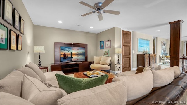 559 Forestridge Ln, Sunrise Beach, MO 65079 - living room featuring ceiling fan, recessed lighting, and baseboards
