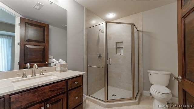 559 Forestridge Ln, Sunrise Beach, MO 65079 - bathroom featuring toilet, vanity, a shower stall, tile patterned flooring, and baseboards