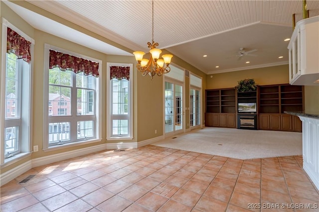188 Bur Oaks Rd, Camdenton, MO 65020 - unfurnished dining area with ornamental molding, light tile patterned floors, a chandelier, recessed lighting, and light colored carpet