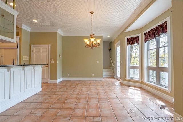 188 Bur Oaks Rd, Camdenton, MO 65020 - unfurnished dining area with ornamental molding, healthy amount of natural light, a chandelier, light tile patterned flooring, and recessed lighting