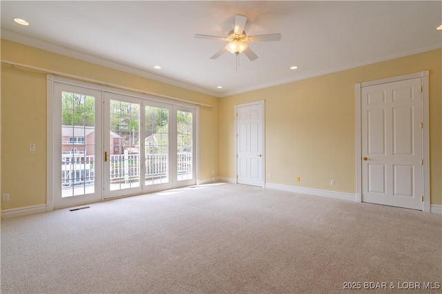 188 Bur Oaks Rd, Camdenton, MO 65020 - spare room with carpet, ceiling fan, crown molding, and recessed lighting