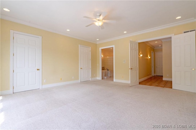 188 Bur Oaks Rd, Camdenton, MO 65020 - unfurnished bedroom with light colored carpet, crown molding, recessed lighting, ensuite bathroom, and a ceiling fan