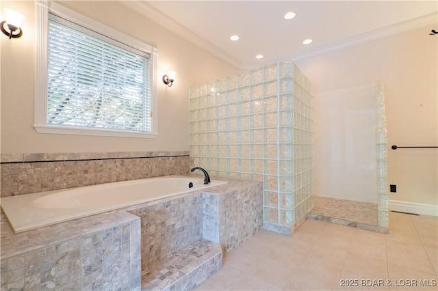 188 Bur Oaks Rd, Camdenton, MO 65020 - full bathroom featuring a garden tub, crown molding, a walk in shower, tile patterned floors, and recessed lighting