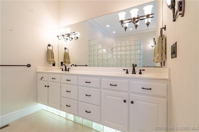 188 Bur Oaks Rd, Camdenton, MO 65020 - bathroom featuring double vanity, tile patterned floors, a chandelier, ornamental molding, and recessed lighting