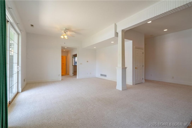 188 Bur Oaks Rd, Camdenton, MO 65020 - spare room with light carpet, a ceiling fan, ornate columns, and recessed lighting