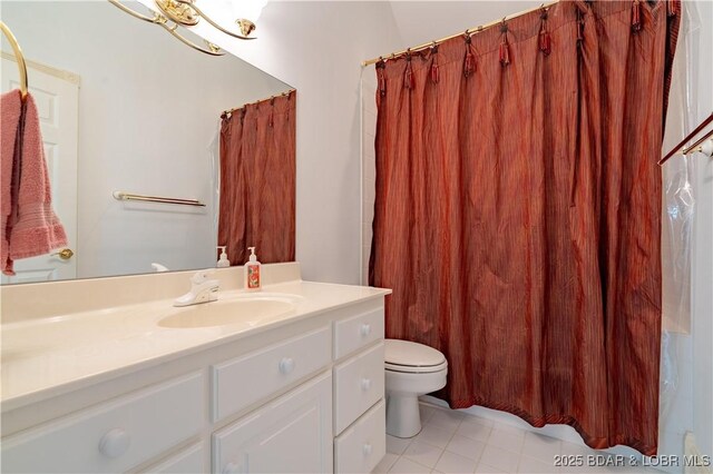 188 Bur Oaks Rd, Camdenton, MO 65020 - bathroom featuring vanity, tile patterned flooring, and curtained shower