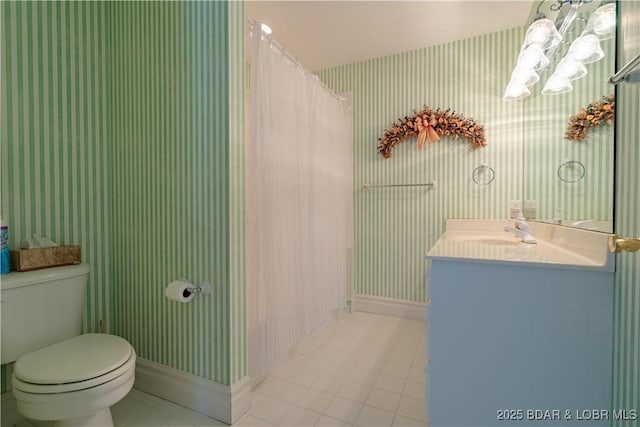 188 Bur Oaks Rd, Camdenton, MO 65020 - bathroom featuring vanity, a chandelier, tile patterned floors, a shower with curtain, and wallpapered walls