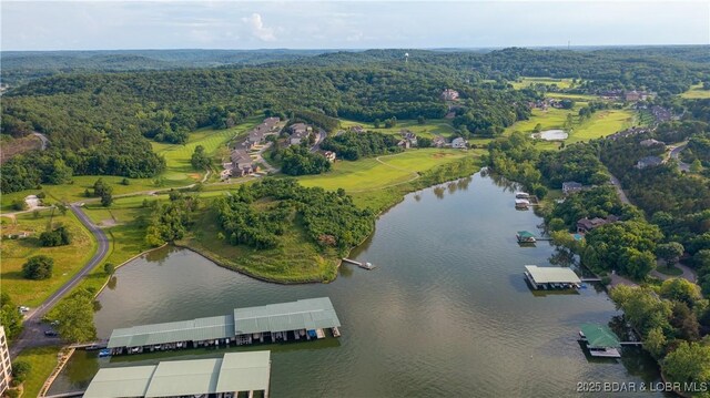 birds eye view of property featuring a water view and a forest view