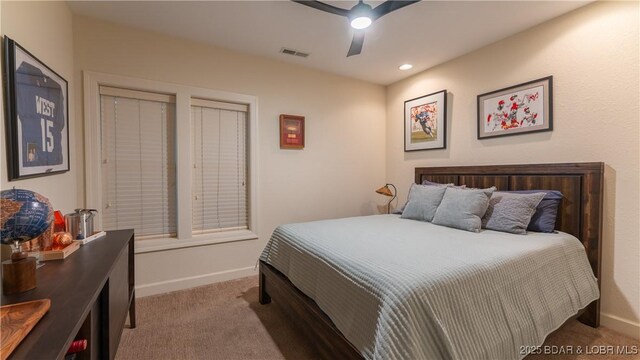bedroom featuring ceiling fan, carpet floors, recessed lighting, baseboards, and visible vents