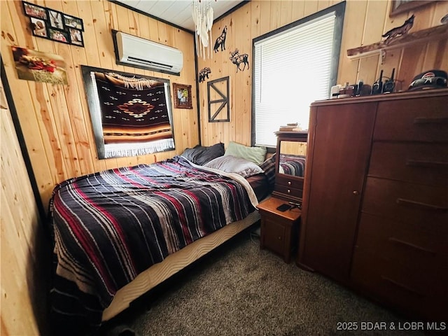 carpeted bedroom featuring wooden walls and a wall mounted air conditioner